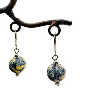 Viva Clay Bead Earrings | Blue & Cream Floral Ceramic Drop Earrings | Artisan